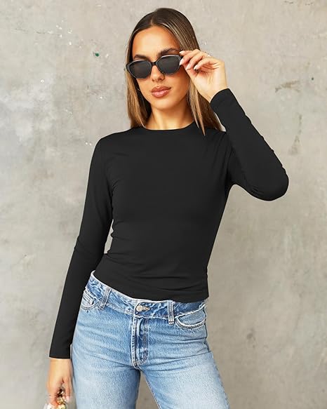 Women's Long Sleeve Shirts Spring 2026 Casual Basic Going Out Crop Tops Slim Fit Tight Y2K Clothes